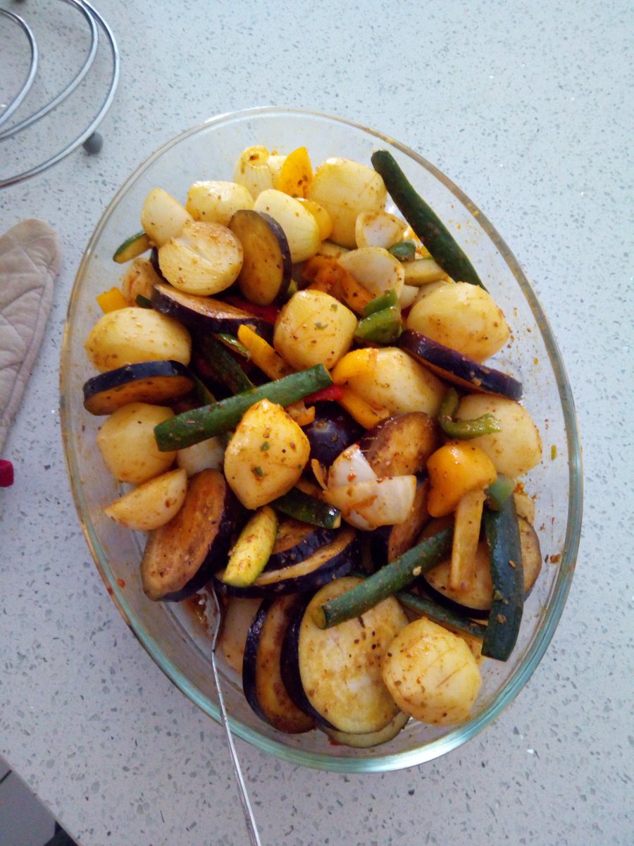 Foodiewhippedsa version of spicy roasted veggies
: baby potatoes
Zucchini 
Red &amp; green pepper
Onion
Aubergine 
Olive oil generously spread
Salt
Tumeric powder
Ginger &amp; garlic
Mixed herbs
Red &amp; green chilli optional 

Marinate with spices and bake for 45 minutes.