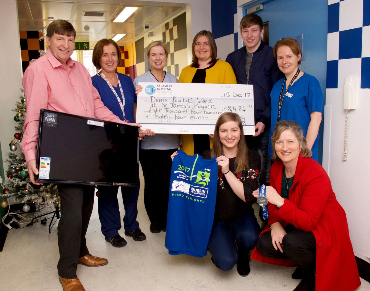 JamesFoundation's tweet photo. The Berkery family visited the  Denis Burkitt ward @stjamesdublin to present a cheque for €8,484, and a TV for the ward. Con ran the @dublinmarathon and is pictured with his sister Niamh, a past-patient of the ward. A big thank you everyone who supported this great fundraiser! https://t.co/xhhzeSpEez
