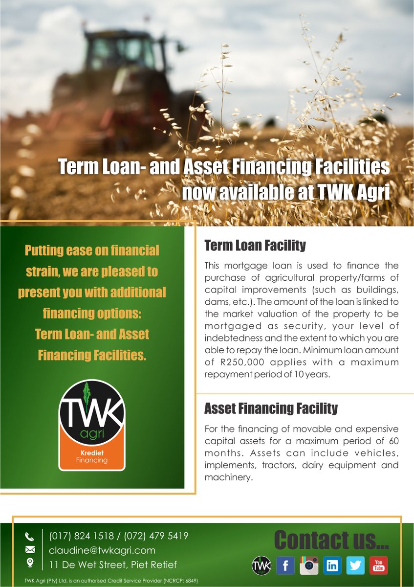 TWK_Agri's tweet photo. #TWKFinancing - providing a range of product which includes seasonal facilities, monthly accounts, forestry loans and asset finance. To find out more, contact 017-824 1518 or email claudine@twkagri.com
https://t.co/3fMLoknedG https://t.co/JKVbZmA3Yn