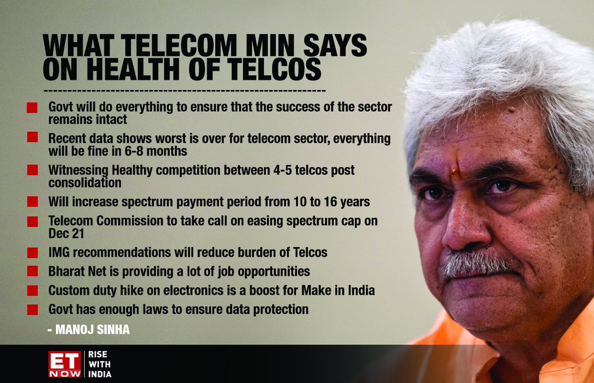 ETNOWlive's tweet photo. Why Telecom Minister @manojsinhabjp believes the worst is over for Telecom Cos, despite @reliancejio . He also says #BharatNet is providing a lot of jobs amidst layoffs in the sector https://t.co/I0rqW0U5rq