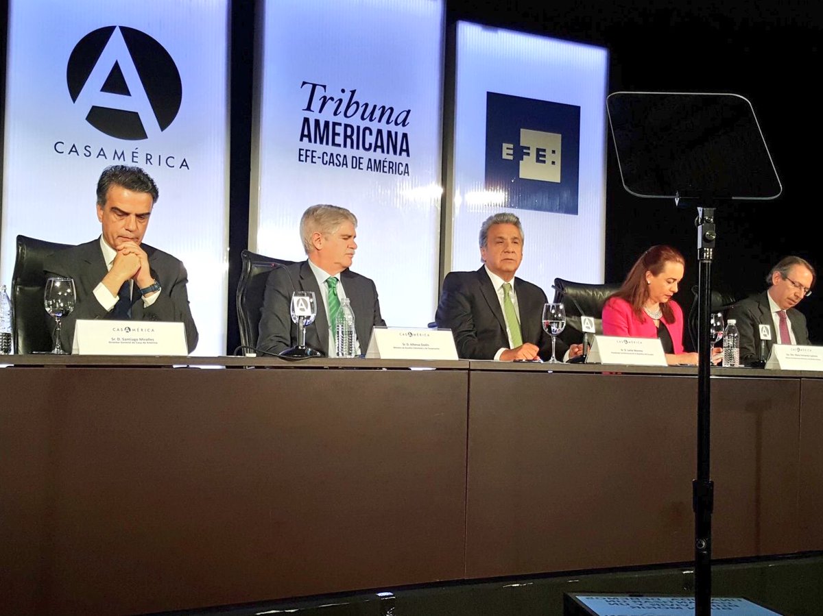 ThePresisent of Ecuador 🇪🇨 <a href="/Lenin/">Lenín Moreno</a> Moreno spoke today at <a href="/casamerica/">Casa de América</a>. He discussed the strong ties of friendship that unite Spain and Ecuador, and addressed the challenges facing the global community.