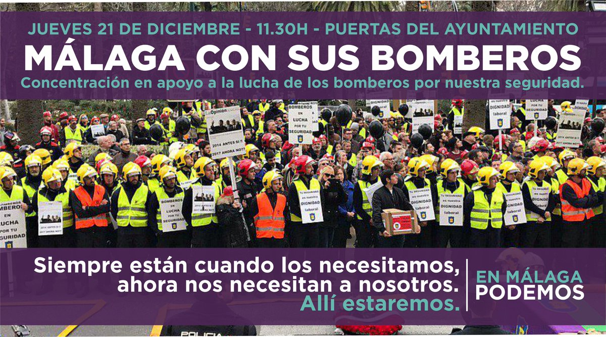[Jueves 21D-11.30h-Puertas Ayuntamiento] Concentración en apoyo a <a href="/encierrobombmlg/">🆘 Encierro Bombero Mlg 🚒</a> y su lucha por nuestra seguridad. Los bomberos están siempre que los necesitamos. Ahora nos necesitan a nosotros. Ahí estaremos. Acude y difunde ;)
