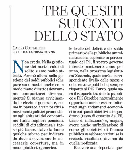 CottarelliCPI's tweet photo. I cittadini dovrebbero sapere prima delle #elezionipolitiche, e non dopo, quanto gli aspiranti al #governo intendono spendere, tassare e prendere a prestito dagli italiani.
Tre quesiti per chi ci vuol #governare #elezioni2018 https://t.co/z1MmfN2Hp1 https://t.co/JDqBCHOdlz