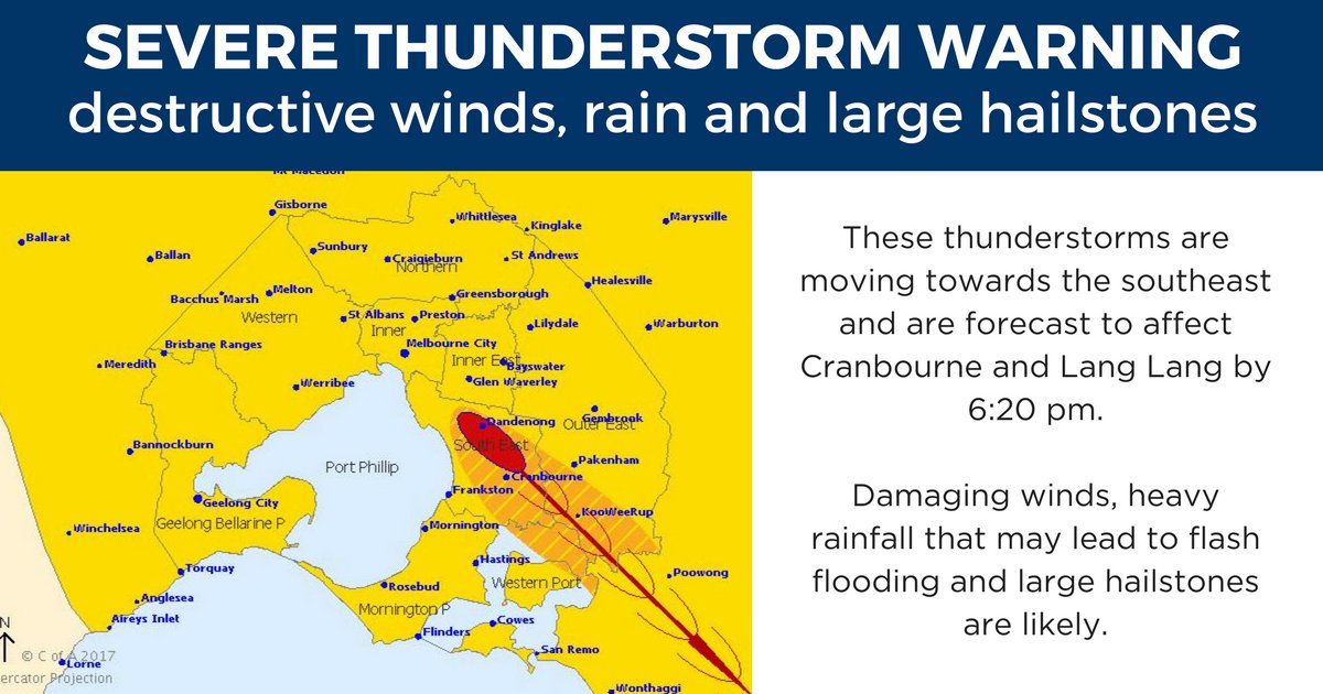 Severe Thunderstorm Warning 
for DAMAGING WINDS, HEAVY RAINFALL and LARGE HAILSTONES
For people in South East and parts of Western Port and Outer East Local Warning Areas.

bom.gov.au/products/IDV21…