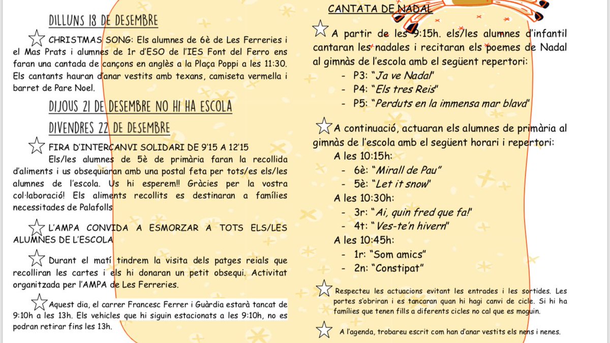 FerreriesPalafo's tweet photo. Preparats per la setmana nadalenca a @FerreriesPalafo. Ahir vam començar amb la cantata en anglès dels alumnes de 6è. Us deixem el programa: https://t.co/BE4XjHNsA9