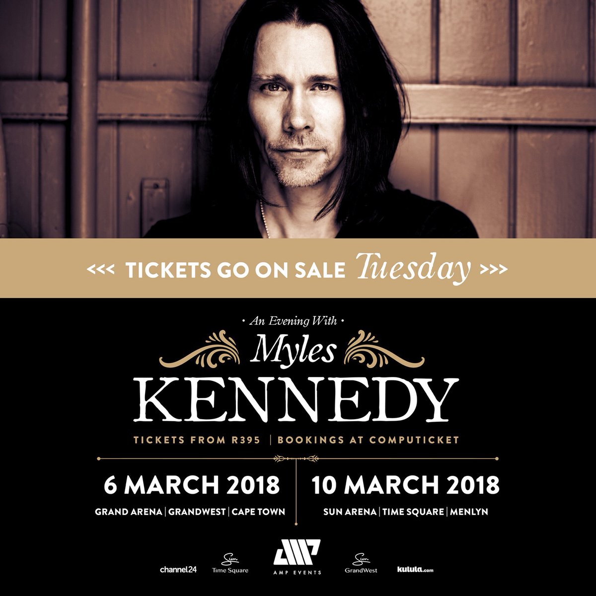 I remember watching Kings of Chaos and was blown away by Myles Kennedy's voice. I cannot wait to hear it again.
“An Evening with Myles Kennedy”
Cape Town on 6 March and Pretoria on 10 March 2018. 
Tickets available at Computicket today!
#MylesKennedySATour
<a href="/AMPSAEvents/">AMP Events</a>