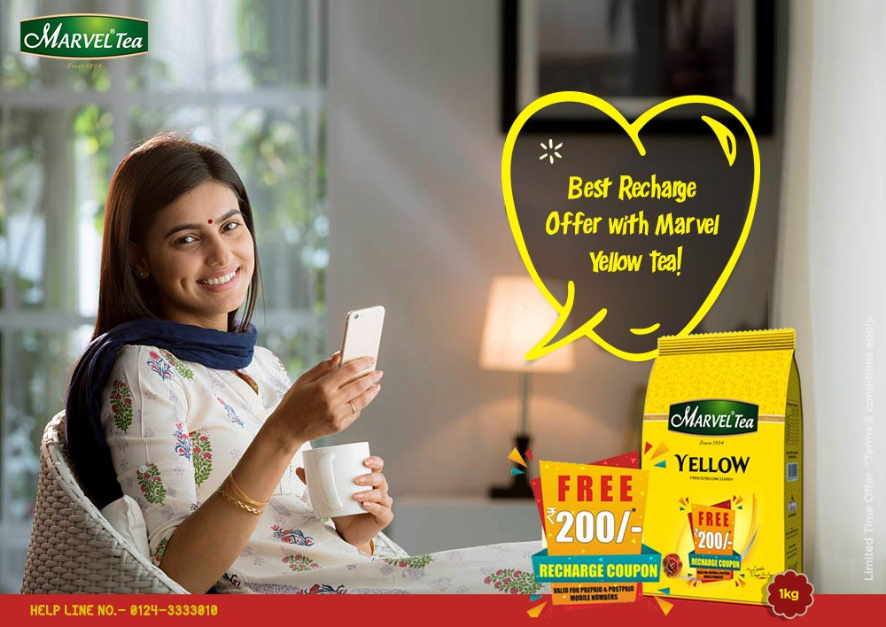marvellimited's tweet photo. Earn From Every Sip! With a pack of Marvel Yellow Tea get a free Recharge Coupon of up to Rs 200. #MarvelTea #FreeRecharge #FreeTalktime #offer https://t.co/klZLauMF8i