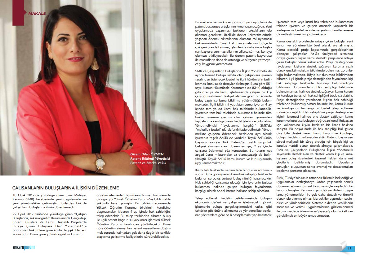 ankarapatent's tweet photo. Ankara Patent Bürosu Patent Bölümü Yöneticisi Gizem Dilan Özmen’in Ay-Pi dergimizin yeni sayında yer alan “Çalışanların Buluşlarına İlişkin Düzenleme” konulu makalesini okuyabilirsiniz. https://t.co/VYVqy8aUZ7
#Çalışanların #Buluşları #AyPi #Dergi #AnkaraPatent #Patent #Buluş https://t.co/iZTvsMgg20