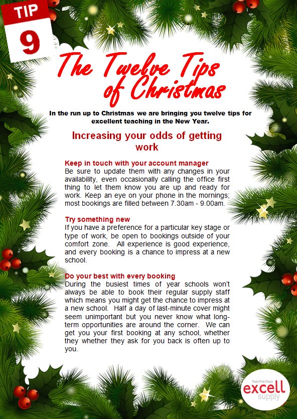 ExcellSupply's tweet photo. The basics of getting regular supply work summed up here. Follow the #TwelveTipsOfChristmas hashtag to see all our tips in the run up to the end of term. https://t.co/E7SIqVWY9Y