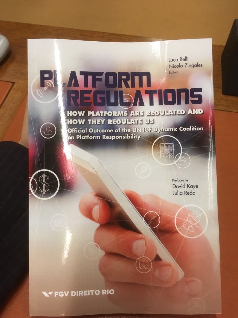 Senficon's tweet photo. Proud to be presenting new volume on platform regulation at #IGF2017ِ with @davidakaye. If platforms have become too smart, use intransparent algorithms, why is our regulatory response to make them use even more intransparent algorithms, i.e. content filters? #CensorshipMachine https://t.co/r67ysFzYXe