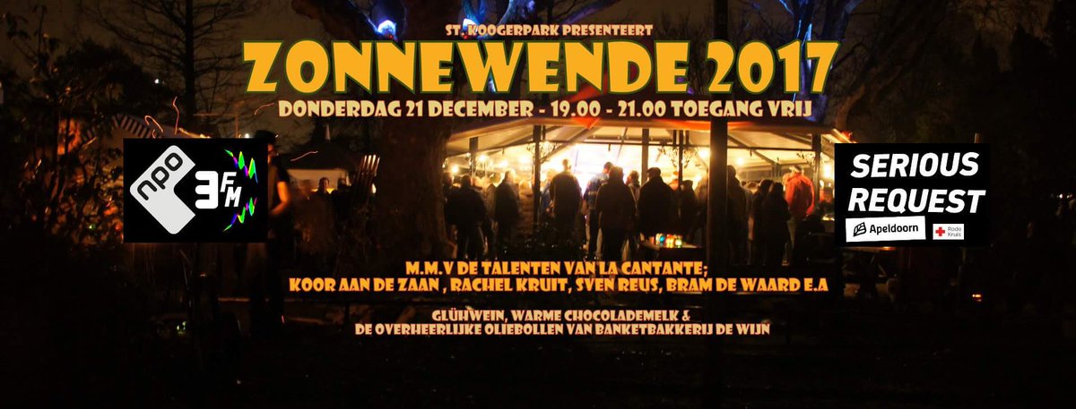 Zonnewende 2017, 21-12, 19.00-21.00. Oliebolletjes van de Wijn, glühwein en warme chocomelk . Vier de terugkeer van het licht in het #Koogerpark. On stage #LaCantante. Opbrengst voor #SR2017. koogerpark.nl