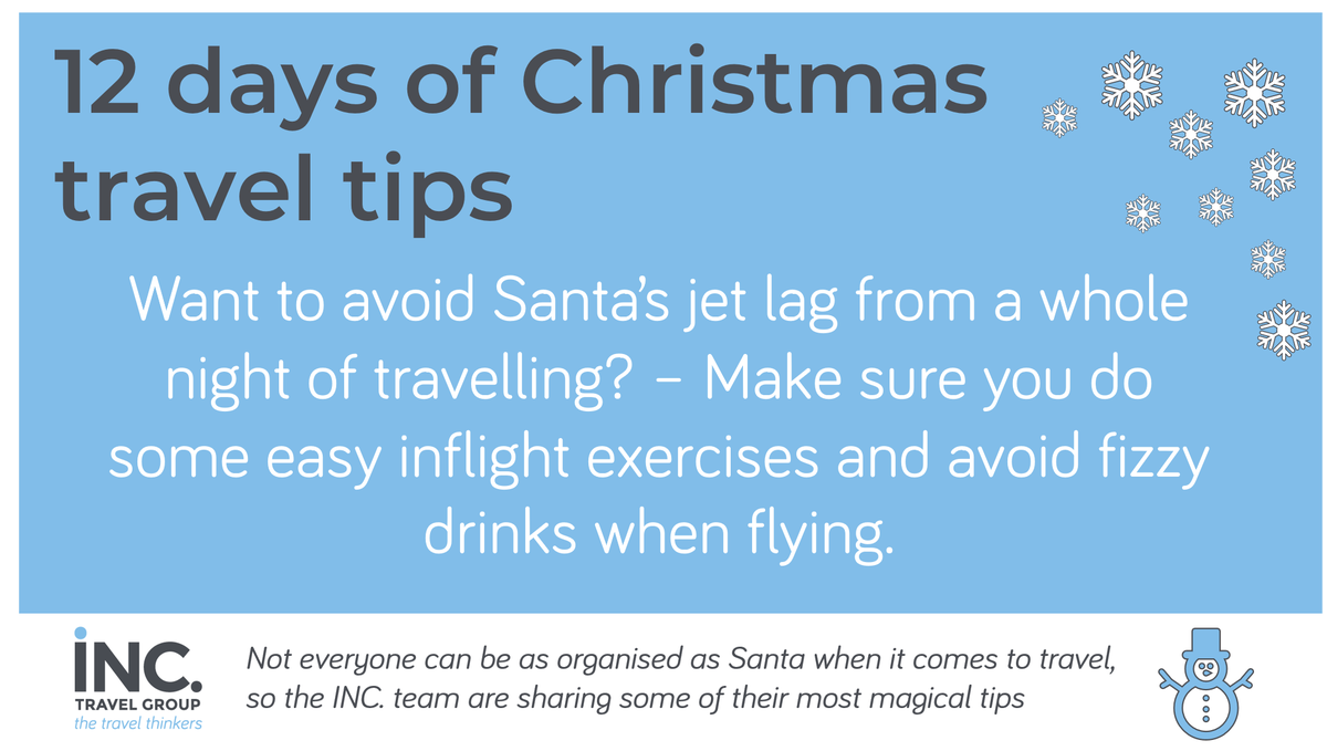 IncTravel's tweet photo. Santa flies around the world in one night and still manages to get home to Mrs Claus for a mince pie and brandy! Here's INC.'s tip on how to #bemoresanta and avoid jet lag! #biztravel #traveltips #christmas   #12daysofchristmas #6daystogo #christmascountdown #INCTravelTips https://t.co/ki8KzweIOy