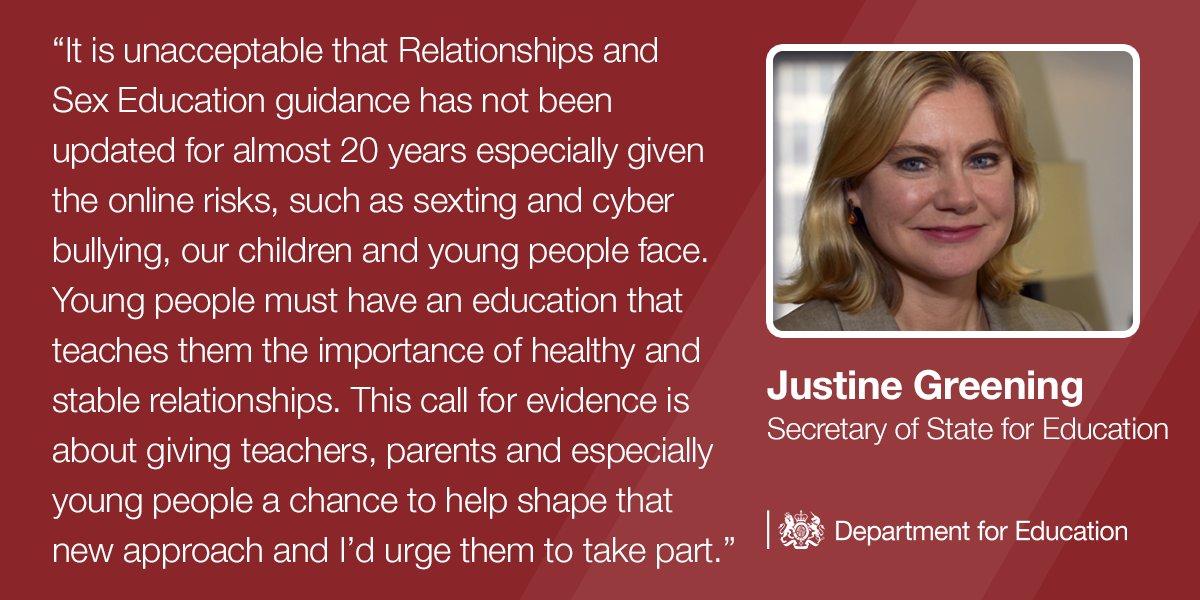 educationgovuk's tweet photo. We want to hear from #youngpeople, #parents &amp; #teachers to help shape the new #RSE curriculum so it enables young people to stay safe and face the challenges of the modern world https://t.co/C72dAt34p5 #RSE https://t.co/X9GUTvQhIW