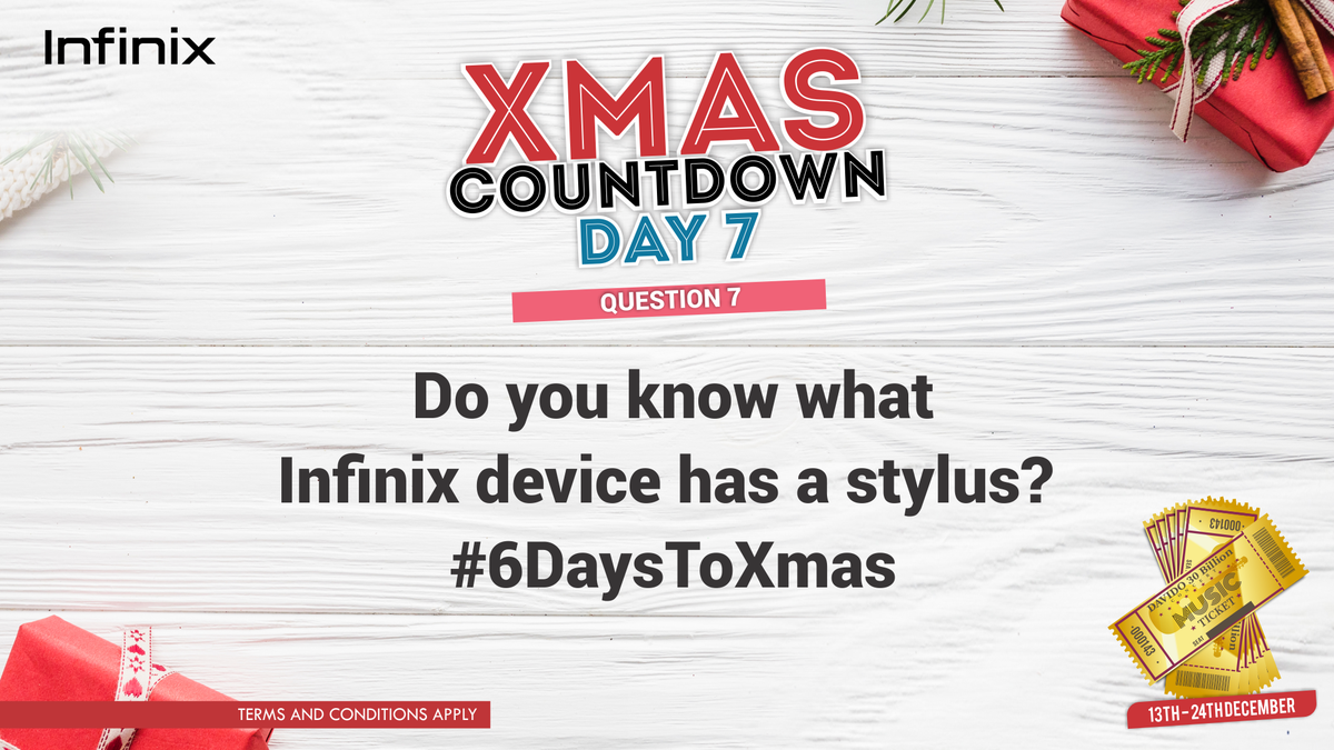 InfinixNigeria's tweet photo. This here is simply for those who can take control of the #InfiniXmasCountdown. Do you know what Infinix device has a stylus? #6DaysToXmas Remember to use the hashtag to qualify and stand a chance to win one premium ticket to Davido’s 30 Billion concert. https://t.co/i5kpQAfKva
