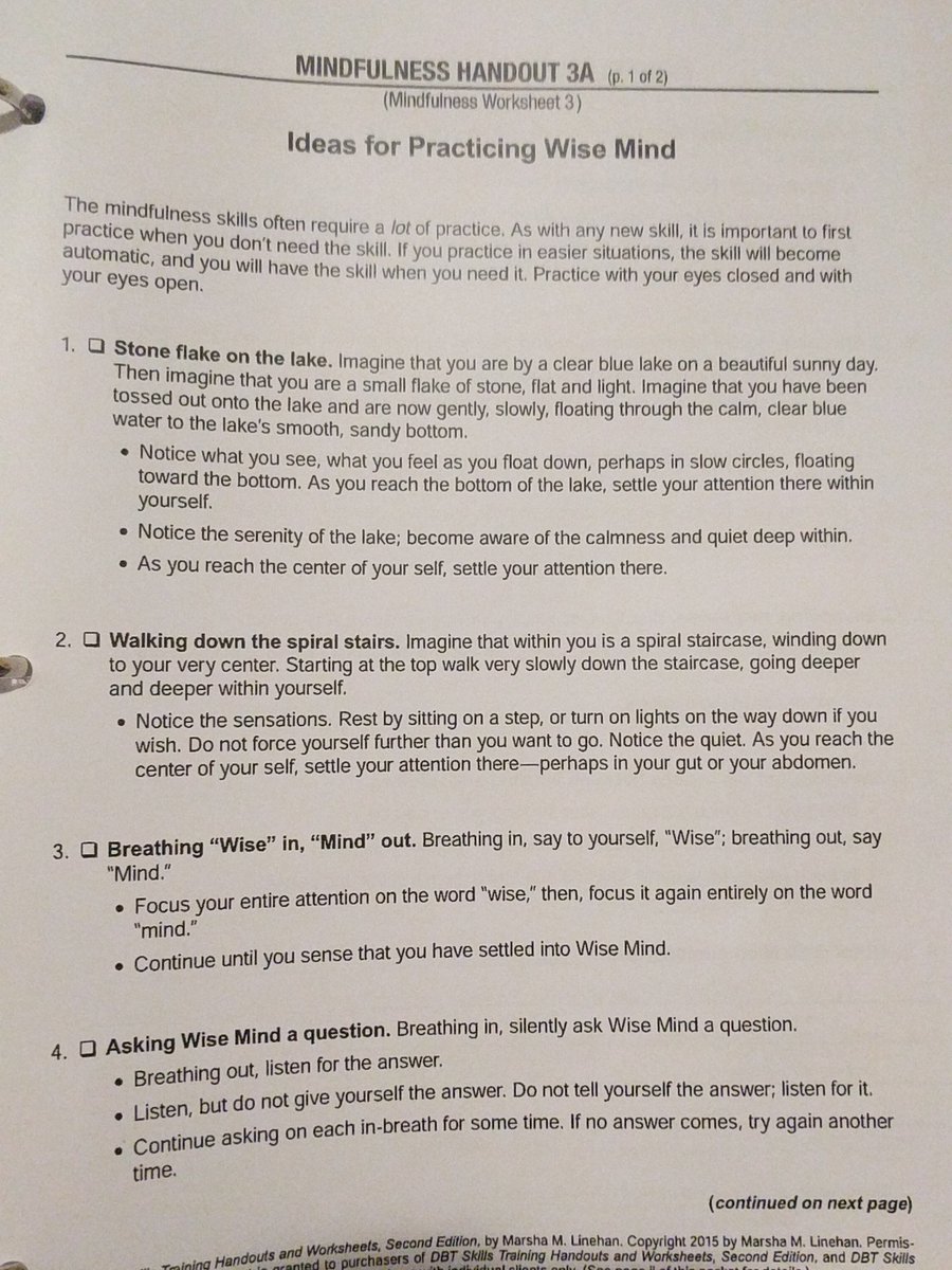 Here's a few ideas for practicing some mindfulness skills. There are plenty out there. Mindfulness is either held up as a cure all, or derided as useless, but the truth (wise mind ) is somewhere in the middle.