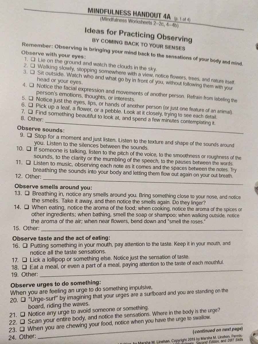 In this picture are some specific tips for observing. Observing is really useful if you notice you're starting to get anxious, it can be a way to ground and distract yourself