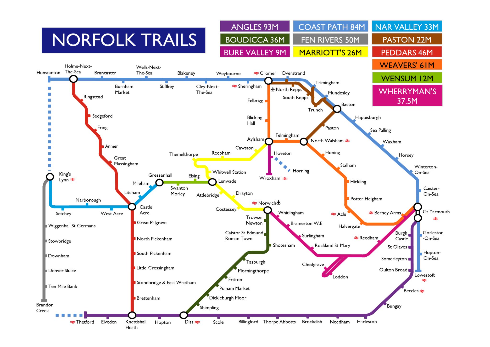 Norfolk County Council Norfolk Trails A Map Of Norfolk Trails Like You Ve Never Seen Before The Trails Network Reimagined In The Style Of An Underground Map Linking With The Railway