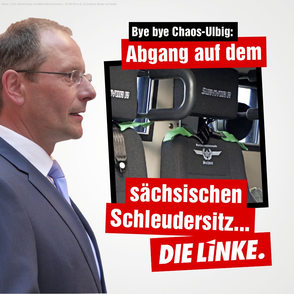DIELINKELeipzig's tweet photo. Gestern hat der neue sächsische #Ministerpräsident #Kretschmer sein Kabinett vorgestellt. Nicht mehr dabei: #Innenminister Markus #Ulbig. Naja, wenigstens muss er dann die Sitz-Bestickung nicht mehr erklären... #Sachsen #SurvivorR #Polizei https://t.co/W7dtdFpgAW