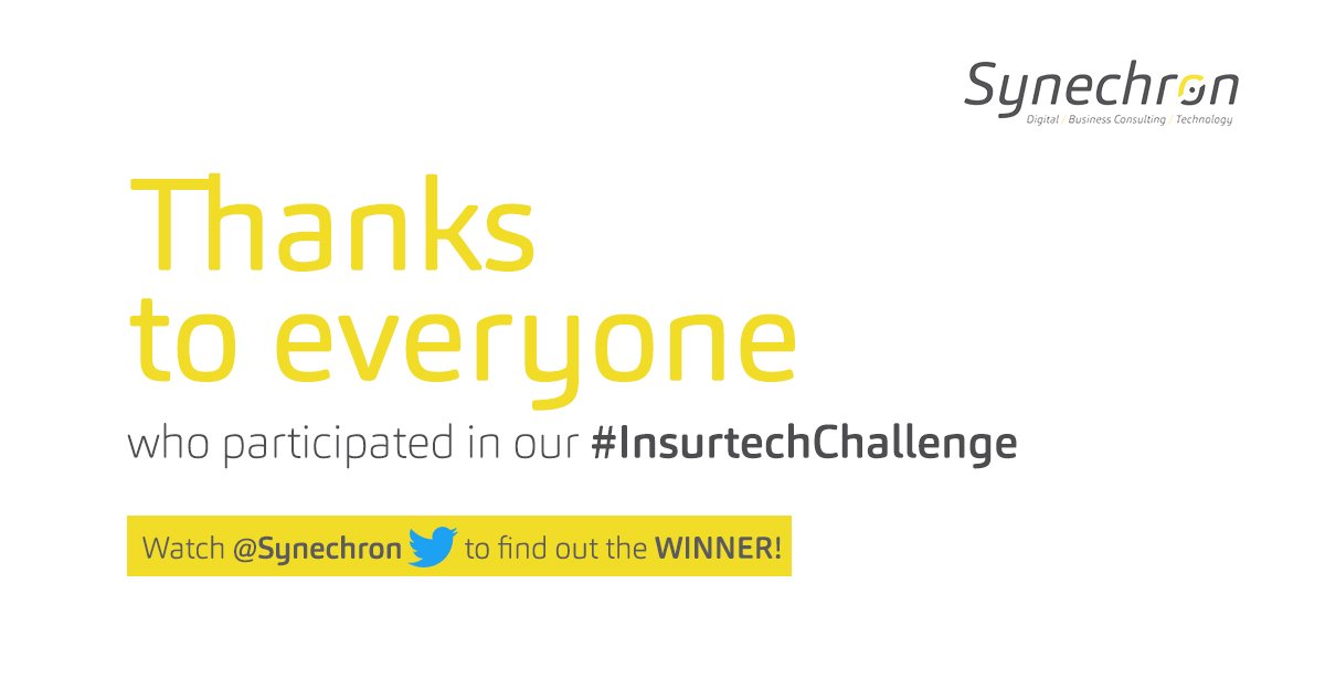 Synechron's tweet photo. Thanks to everyone who participated in our #InsurtechChallenge. Watch this space for the winner! #InsurTech #Contest #Innovation #AmazonEchoDot https://t.co/2nlAFQAdQC