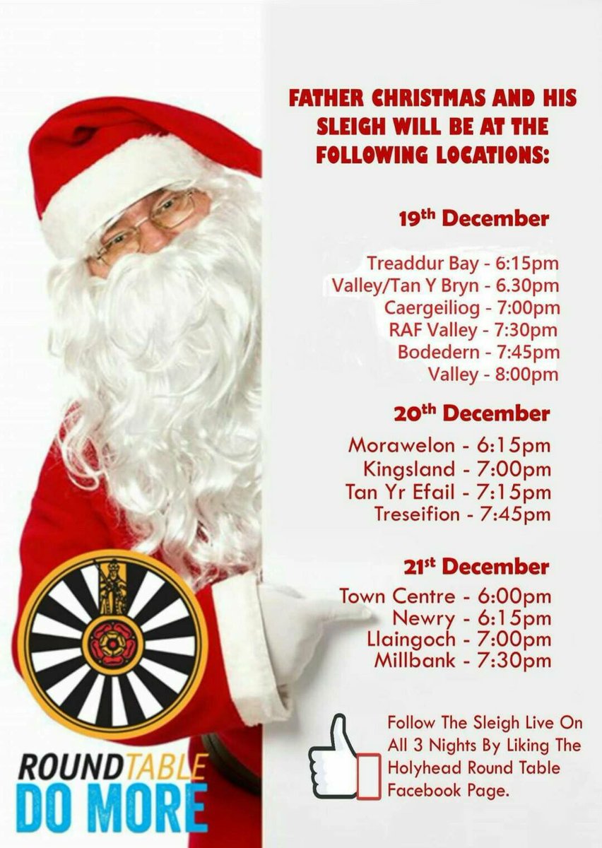 Morning everyone, todays the day we start our Ty Santa around the streets, I hope you will all come out to see us, all the details can be found on the picture below and all the route info and live tracking can be found on this link buff.ly/2BKUeNF
<a href="/AngleseyScMedia/">Anglesey socialmedia</a> #share
