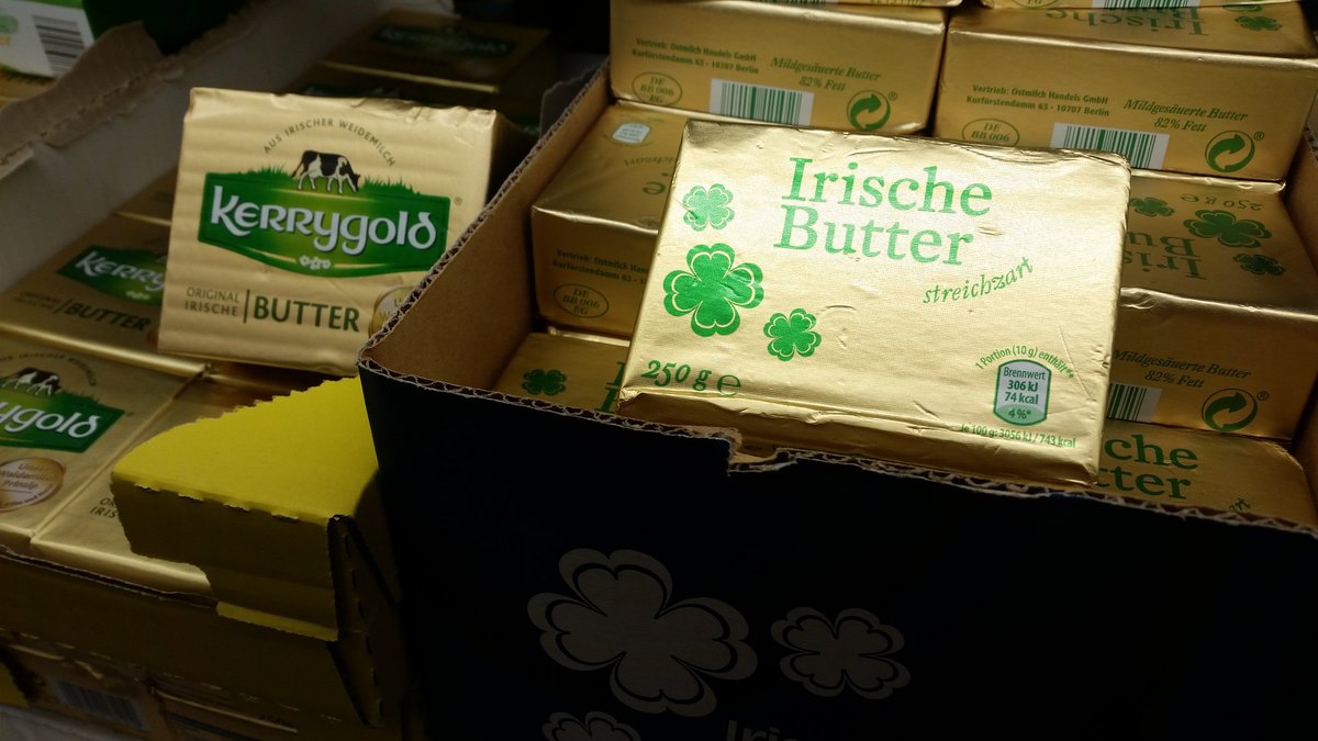 colmtoleary's tweet photo. Aldi in Munich, Germany selling a generic "Irish butter" alongside Kerrygold. 14c/100g cheaper.
€1400/tonne cheaper? 
I wonder which co-op is selling this and how the costs/revenues breakdown. https://t.co/F9m9lNxqd6