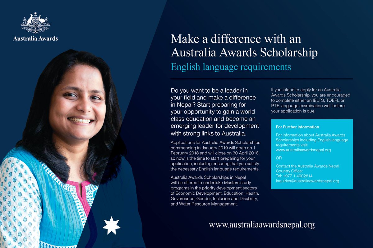 AusAmbNP's tweet photo. Australia Awards Scholarships Intake 2019 applications open on 1 Feb 2018.
English language test (IELTS, TOEFL, or PTE) is mandatory. Applicants are encouraged to register for an English language test soon.
#AustraliaAwards
#ScopeGlobal
#ANAA
#AusGlobalAlumni https://t.co/lBdvLHrjzd