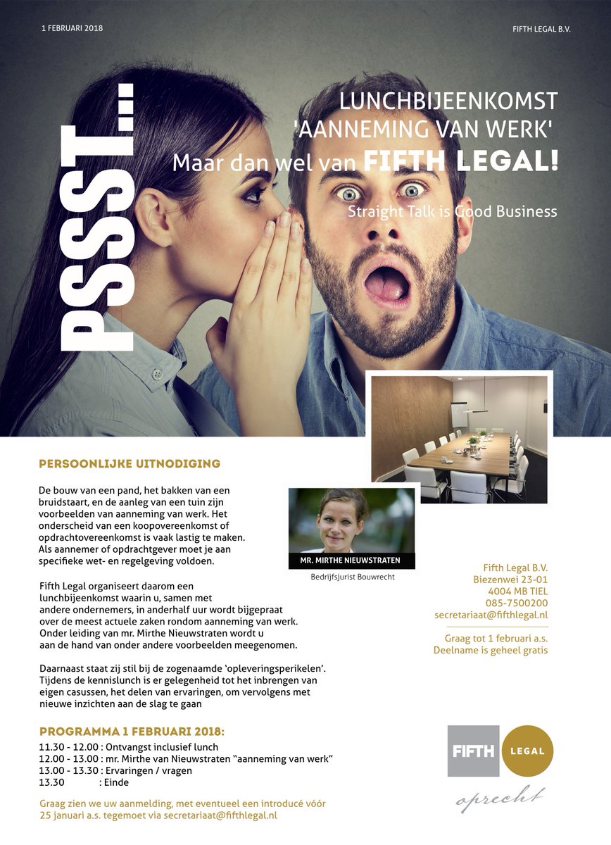#Ondernemers opgelet! Zin in een goede #lunch met daarnaast een uitleg over de laatste ontwikkelingen van 'aanneming van werk' door onze collega <a href="/MirtheWagenaar/">Mirthe Nieuwstraten</a> ? Meld je dan nu gratis aan <a href="/FifthLegal/">Fifth Legal</a> #Tiel #Rivierenland Lees de uitnodiging hier: