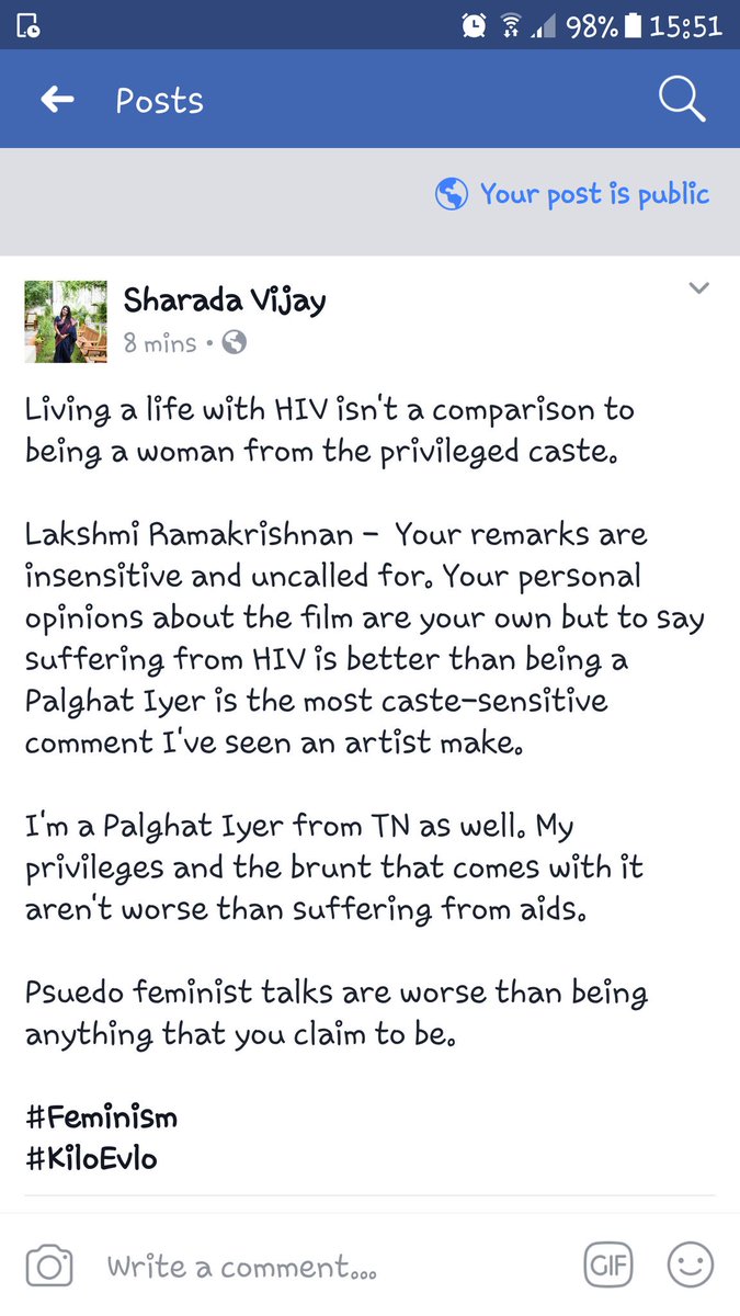 palghatiyer's tweet photo. When @LakshmyRamki mixes caste with aids! What a unfeminist thing to say. #aruvi https://t.co/HyJrLsN9lV