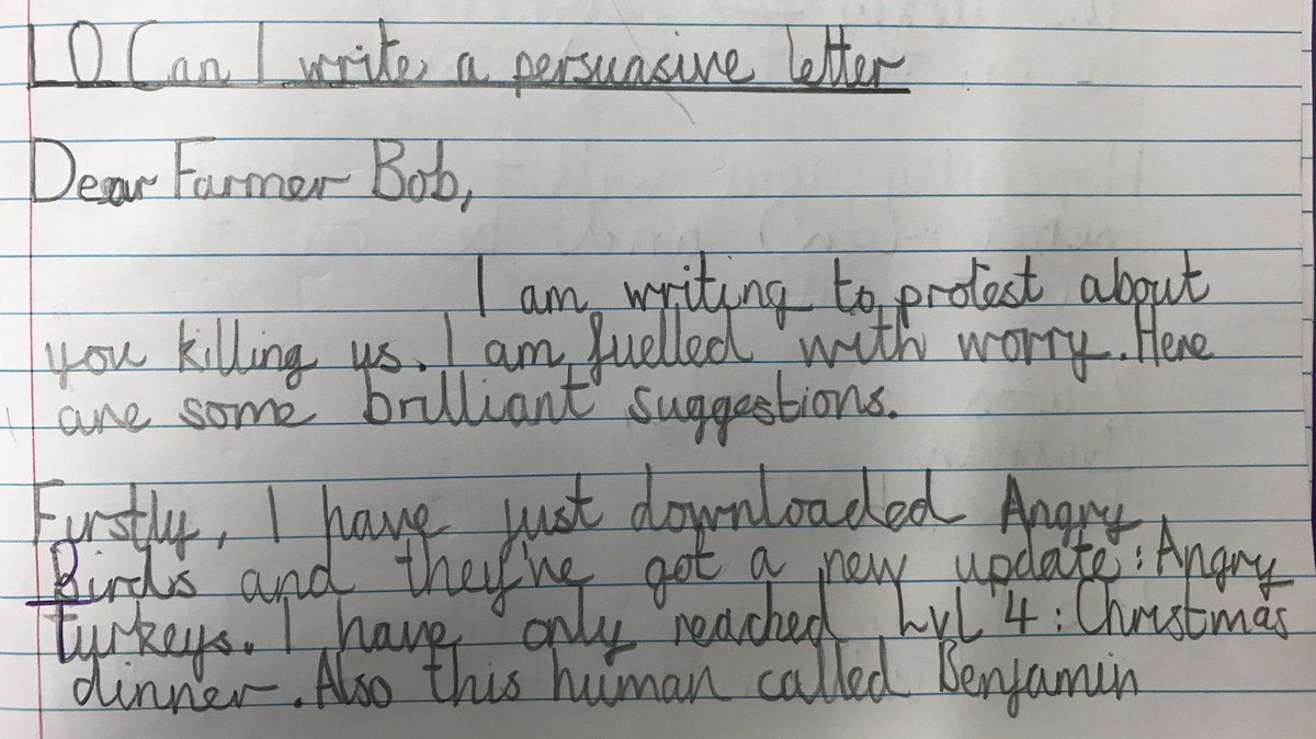 ManorCourtChard's tweet image. A brilliantly crafted, humorous persuasive letter from a turkey (Nathan)explaining why he shouldn’t be given the chop this Christmas!
