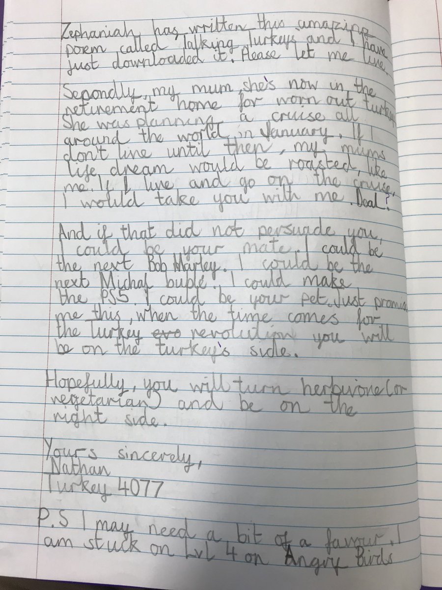 ManorCourtChard's tweet image. A brilliantly crafted, humorous persuasive letter from a turkey (Nathan)explaining why he shouldn’t be given the chop this Christmas!