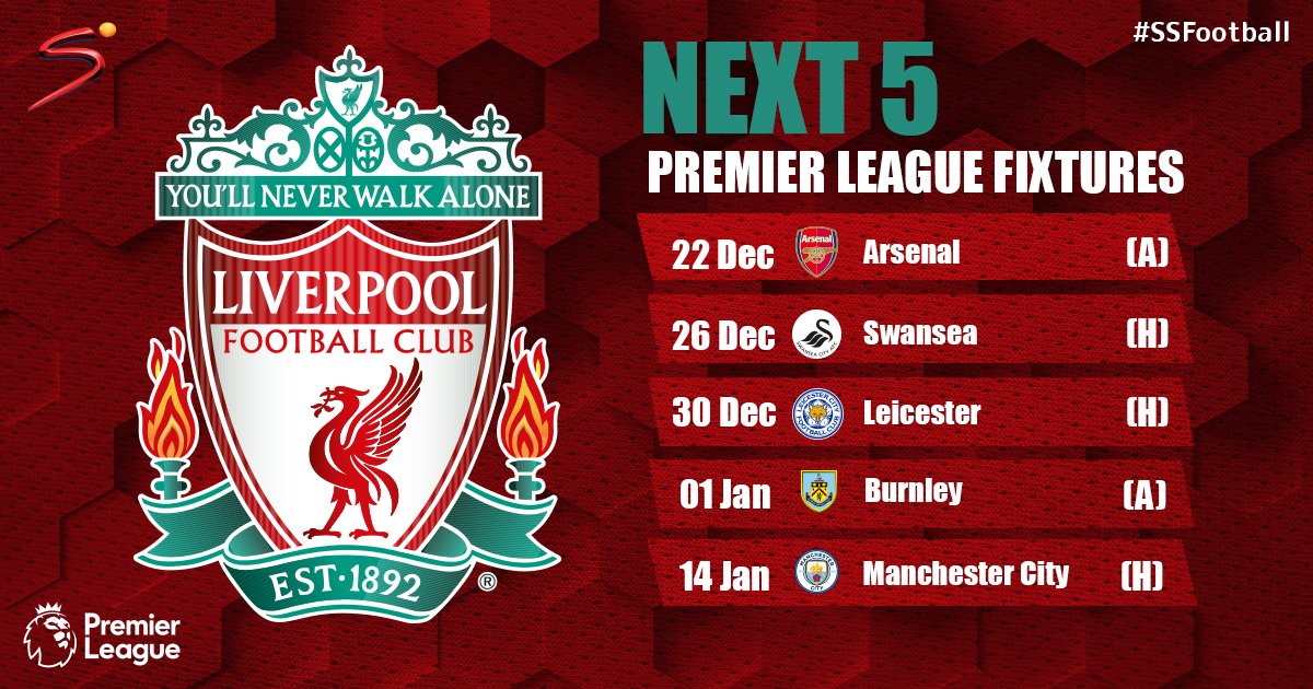 SuperSportTV's tweet photo. Liverpool have got some testing upcoming fixtures in the next month including a trip to Arsenal on Friday and a visit from #PL leaders Man City in January. https://t.co/ku3qFQY1Vi