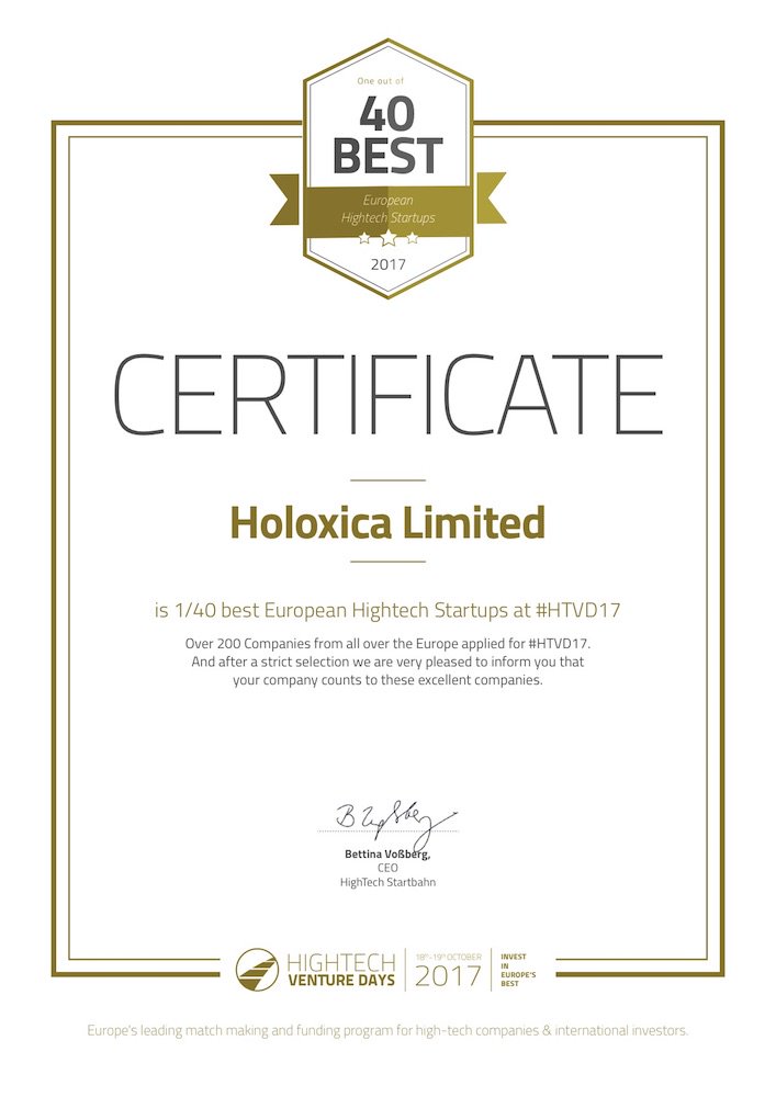holoxica's tweet image. Holoxica is one of 40 bet European #HightTech startups in photonics at #HTVD17 Dresden