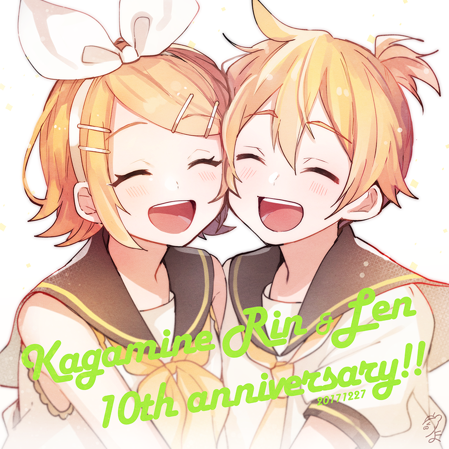 kagamine len ,kagamine rin 1girl 1boy blonde hair sailor collar neckerchief closed eyes smile  illustration images