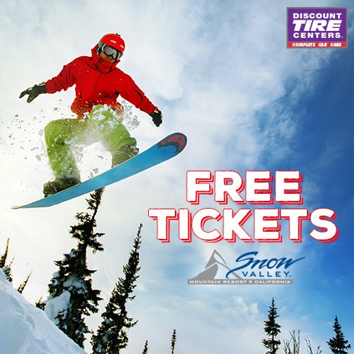 DTCTIRE's tweet photo. Ready to hit the slopes? Get 4 FREE tickets to @snow_valley_ca with a $250 purchase! Restrictions apply, see store for details. https://t.co/XmwGEzaQiE