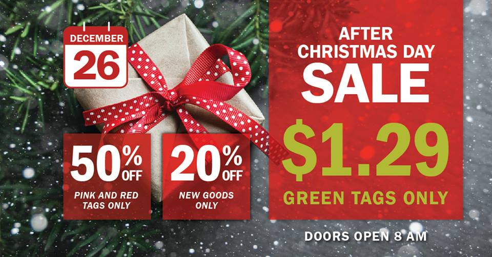 EvergrnGoodwill's tweet photo. After Christmas Day sale at Seattle Goodwill today! Doors open at 8 am and features green tags at $1.29, pink and red tags at 50% off and all New Goods are 20% off! #SeattleGoodwill https://t.co/mmJ04GG4LV