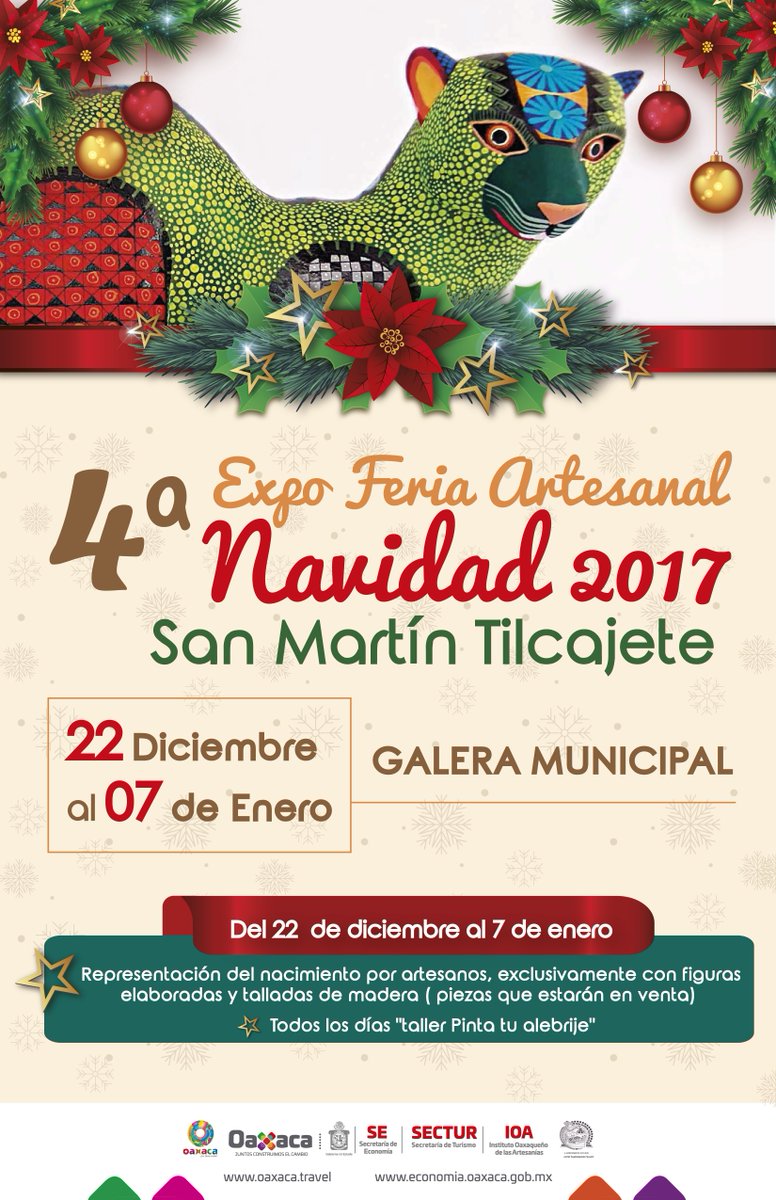 TeInvitoaOaxaca's tweet photo. 4a. Expo Feria Artesanal Navidad 2017, del 22 de diciembre al 07 de enero de 2018, San Martín tilcajete.
#Oaxaca #ViajemosTodosPorMexico #TwitterOax #México #Turismo @TeInvitoaOaxaca https://t.co/WNzeseXl7O