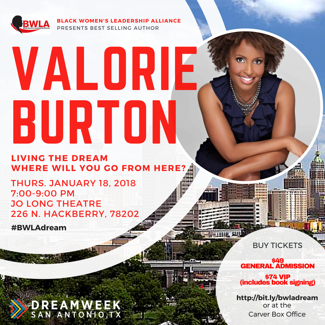 MLKCommissionSA's tweet photo. Bestselling author, international speaker @valorieburton visits San Antonio this @dreamweeksa for  Living The Dream at the @thecarvercenter 1/19. Tix Available | https://t.co/EdBWWYhtLY https://t.co/wNn2FsUmyv