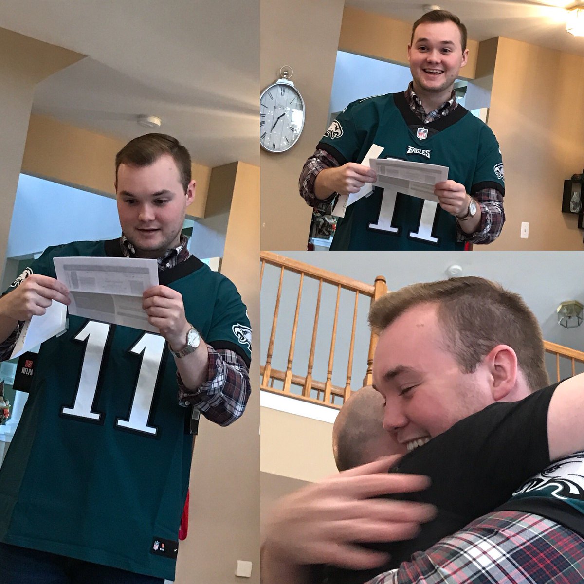 danjzeb's tweet photo. My son was in town for Xmas, took him to his 1st ever @Eagles game. He never stopped smiling or cheering on the Birds!  Thx @cj_wentz @fcoxx_91 @JOEL9ONE @bbrooks_79 @brandongraham55 @MalcolmJenkins @realronalddarby #FlyEaglesFly https://t.co/GlhY8YQPNR
