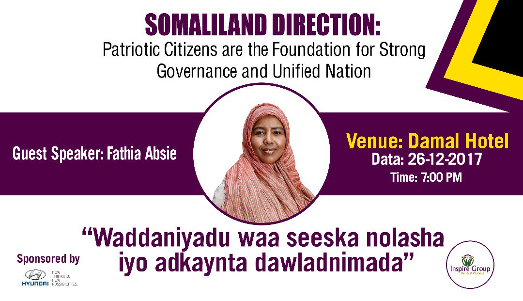 InspireGroupAF's tweet photo. #SomalilandDirection Patriotism, unity and strong governance event just started.
Our guest speaker is Fathia Absie, seasoned Somali Filmaker, Playwriter and journalist. #Somaliland https://t.co/KT8kmXTtAh