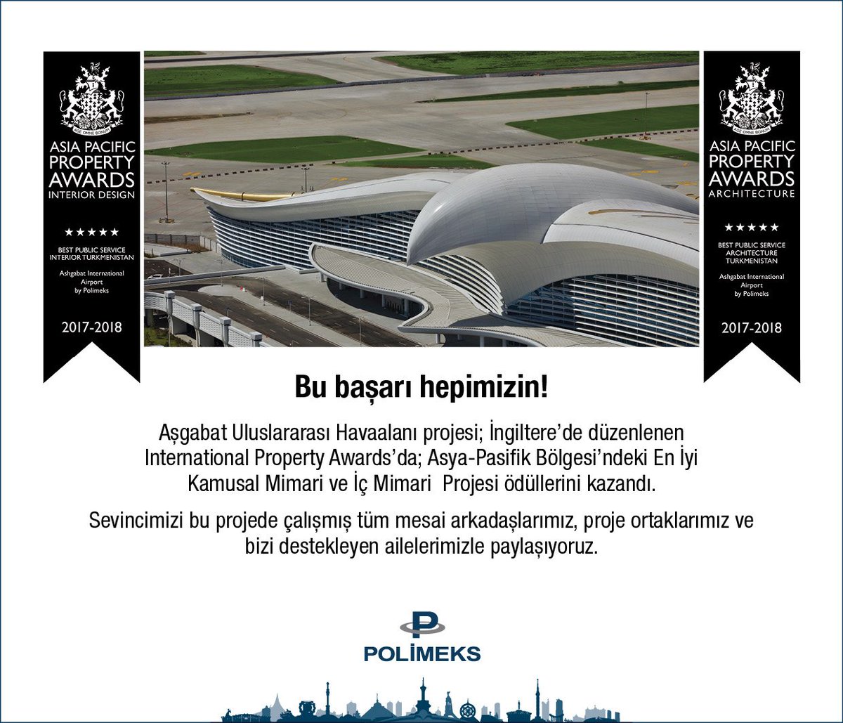 Bu başarı hepimizin!

Aşgabat Uluslararası Havalimanı projesi İngiltere’de düzenlenen International Property Awards’da Asya-Pasifik Bölgesi’ndeki En İyi Kamusal Mimari ve İç Mimari Projesi ödüllerini kazandı!