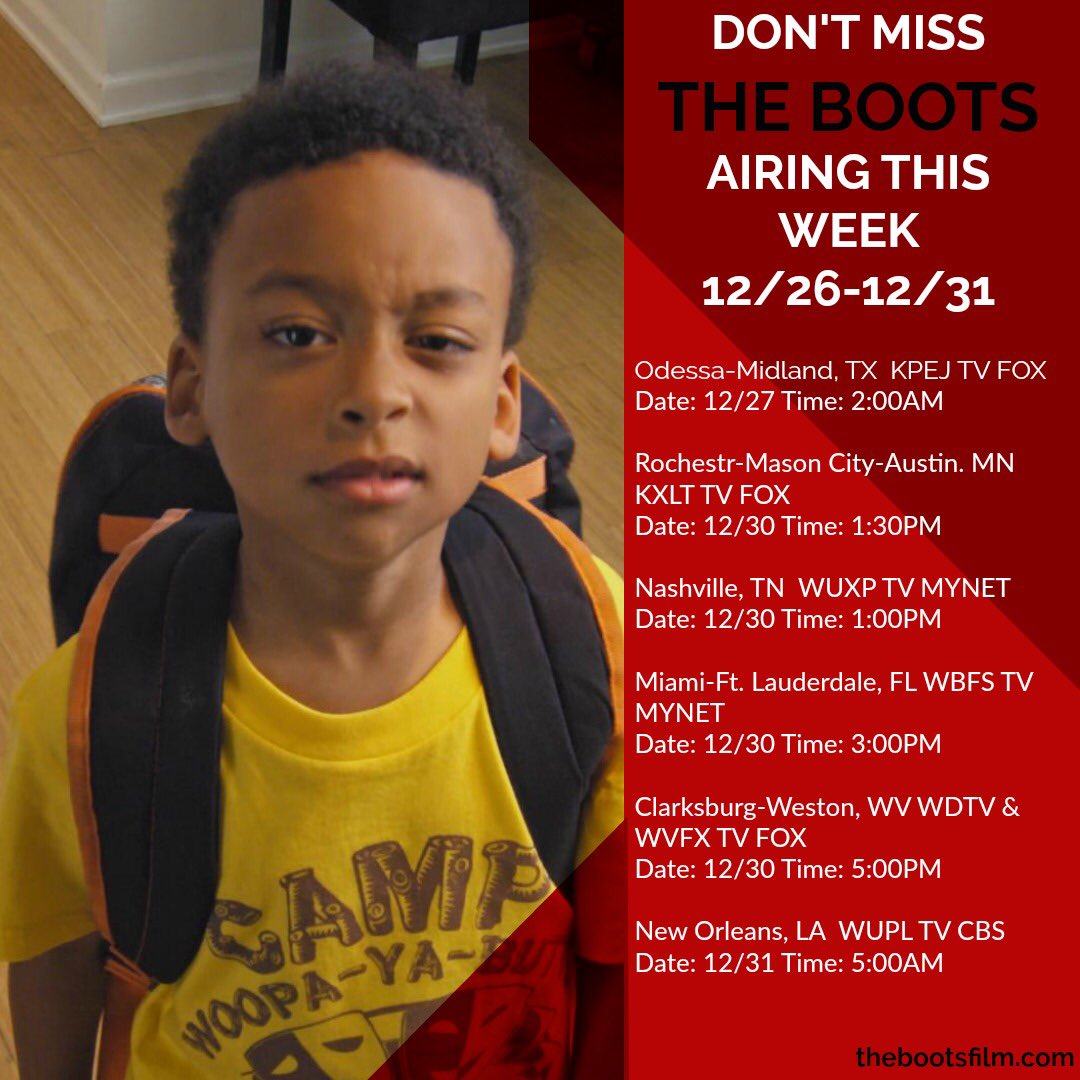 TheBootsFilm's tweet photo. New Air Dates for @TheBootsFilm during @AAShortFilms!

Odessa-Midland, TX  @KPEJFOX24News 12/27 2A

Mason City-Austin-Rochester, MN KXLT 12/30 1:30P

Nashville, TN WUXP 12/30 1P

Miami, FL WBFS 12/30 3P

Weston-Clarksburg, WV WDTV &amp; WVFX 12/30 5P

New Orleans, LA  WUPL  12/31 5A https://t.co/xJxKC3MmC2