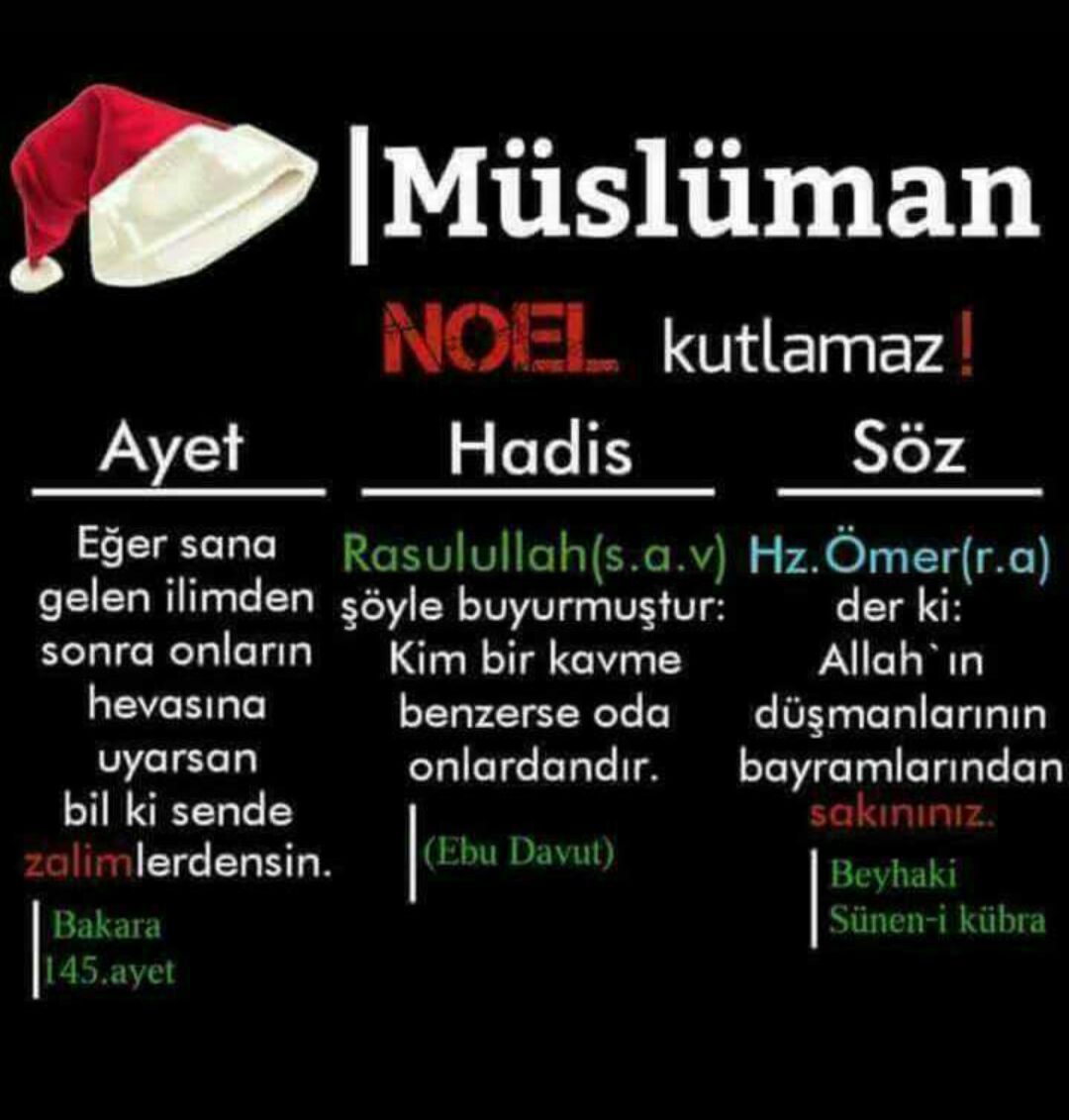 İmam-ı Rabbanî hazretleri buyuruyor ki: 
Hristiyanların Noel gecelerine ve diğer paskalyalarına] hürmet etmek ve o zamanlarda, onların âdetlerini, onlar gibi yapmak şirk olur. Küfre sebep olur. Kâfirlerin bayramlarında, Müslümanların cahilleri,kâfirlerin yaptıklarını yapıyorlar