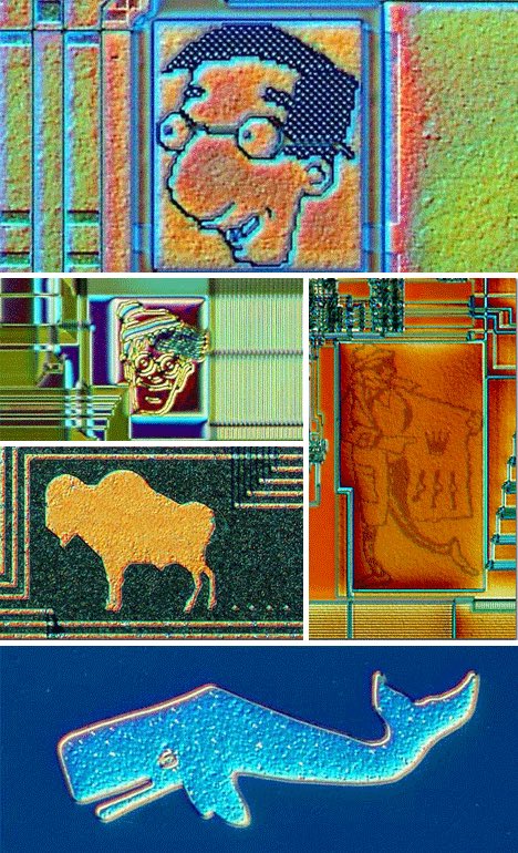 Earlier version of microchip graffiti: whale, buffalo, and a character that looks like a Simpsons character or "Waldo" from "Where's Waldo?"