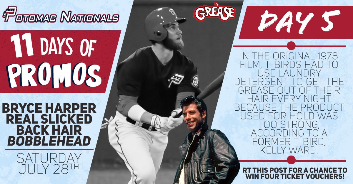 FXBGNats's tweet photo. Up next in the #11daysofpromos is the Bryce Harper "Real Slicked Back Hair" Bobblehead. Be one of the first 1,250 fans on Saturday, July 28th to receive one. RT for a chance to win tickets! https://t.co/KzMblkUPkA