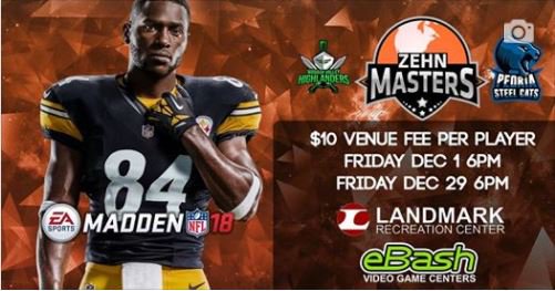 ZehnMasters's tweet photo. Join us on Friday, December 29th for our second Madden qualifier in our Zehn Masters series at our Terre Haute and Peoria locations! For more information on the event, follow the link here: https://t.co/6l3ExiV5WN https://t.co/4AFuUzxTEh