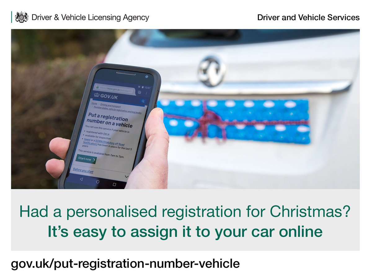 DVLAgovuk's tweet photo. 🎁🚙 Had a personalised registration number for Christmas? It’s easy to assign it to your car online: https://t.co/YGXRIjEFgn #ChristmasTips #Christmas2017 #247Services #BoxingDay https://t.co/oTfXaVet7z