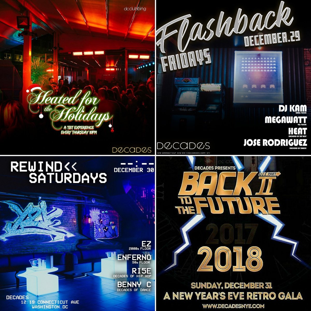DecadesDC's tweet photo. We've got exciting events this week AND we go #backtothefuture on #newyearseve! From our exciting HEATED AND COVERED rooftop to ALL FOUR FLOORS of #retro entertainment, we have something for everyone. We'll see you soon! #TBT #FlashbackFridays #RewindSaturdays #decadesdolls https://t.co/O7ad6Zuki5