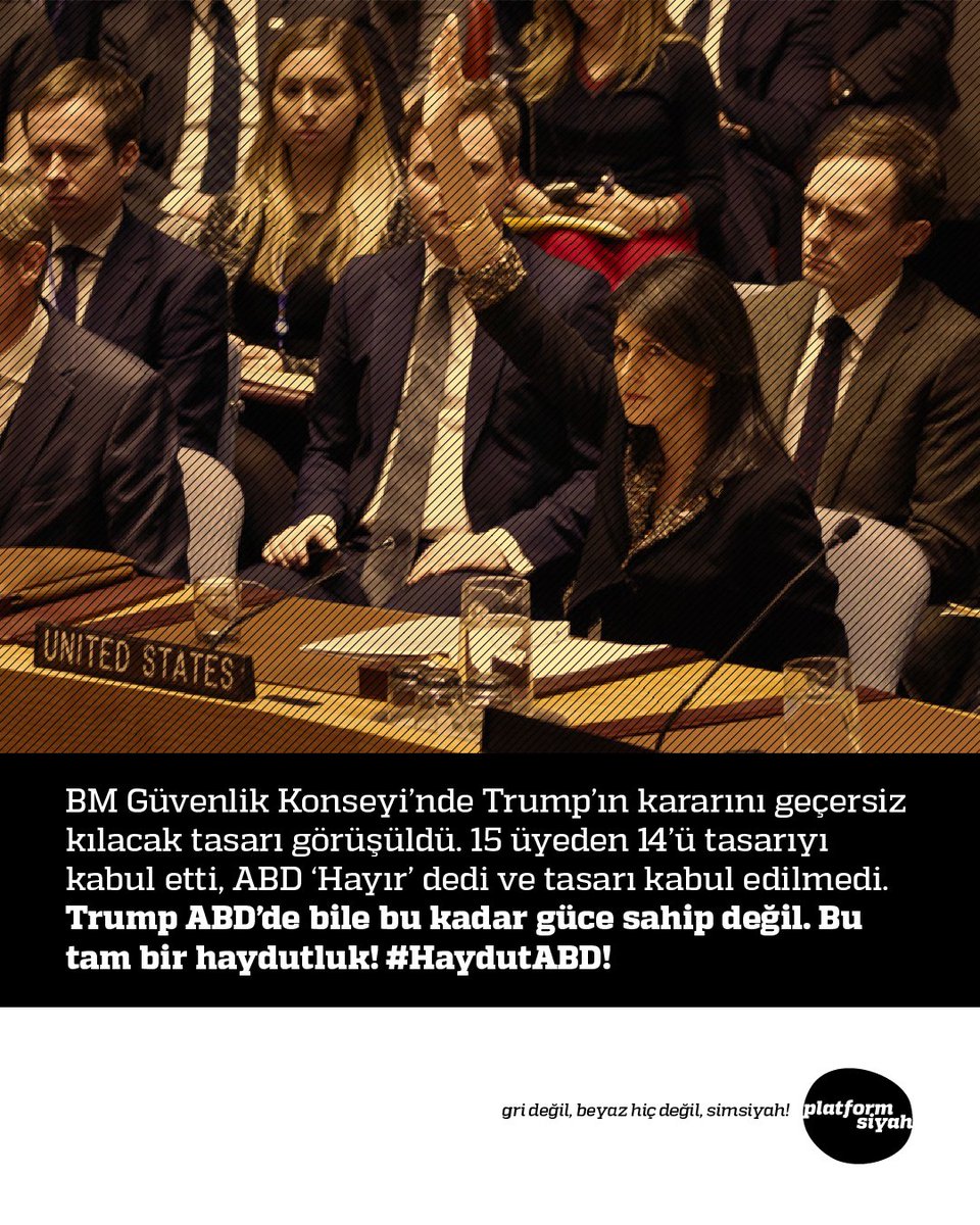 #BM #GüvenlikKonseyi’nde #Trump’ın kararını geçersiz kılacak tasarı görüşüldü. 15 üyeden 14’ü tasarıyı kabul etti, #ABD ‘Hayır’ dedi ve tasarı kabul edilmedi.

Trump ABD’de bile bu kadar güce sahip değil. Bu tam bir haydutluk!

#HaydutABD!