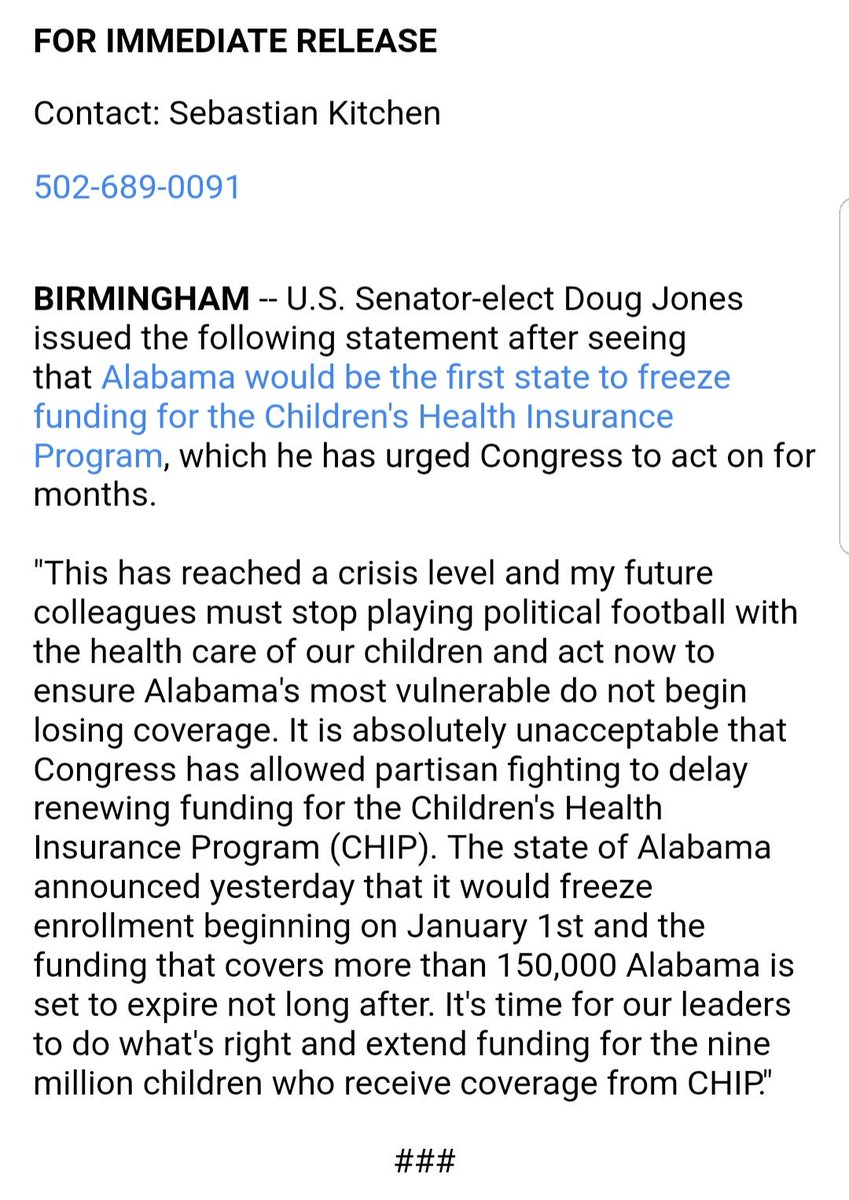 DougJones's tweet photo. It is absolutely unacceptable that Congress has allowed partisan fighting to delay renewing funding for the Children's Health Insurance Program. https://t.co/LrH22IXGje