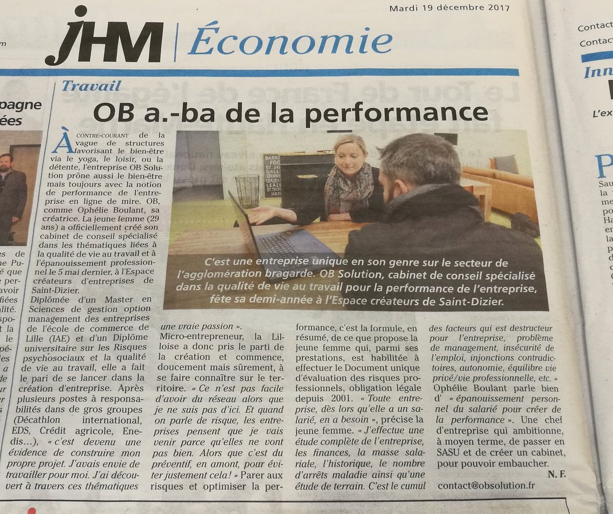 OB__Solution's tweet image. En page Eco du #JHM aujourd'hui. 
Intégration de la #QVT dans la stratégie des entreprises !
Rédaction du #DUER #DocumentUnique 
#bonheurautravail